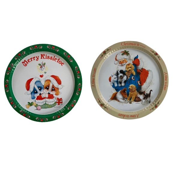 Vintage 1991 Giordano 13" Merry Kissletoe Santa Animals Metal Tray Lot of 2 - Picture 1 of 11